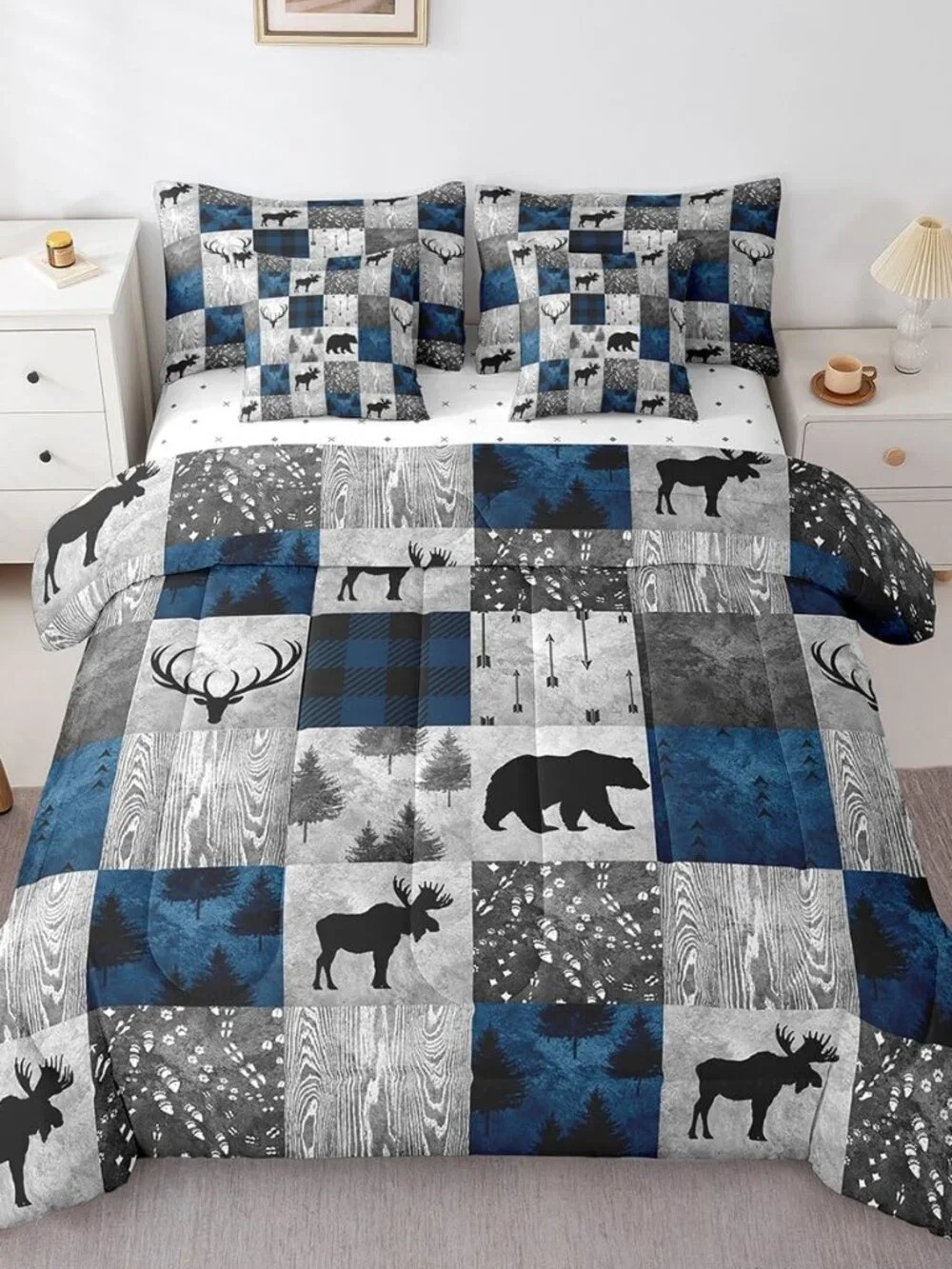 7 Pcs Hunting Animal Comforter Set Queen Size,Rustic Bear Deer Bed in a Bag with